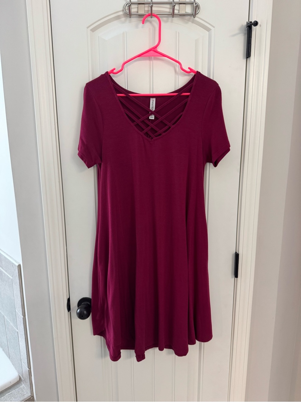 Crisscross V-Neck Swing Dress in Deep Berry